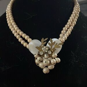 Vintage estate faux pearl with mother of pearl heart necklace